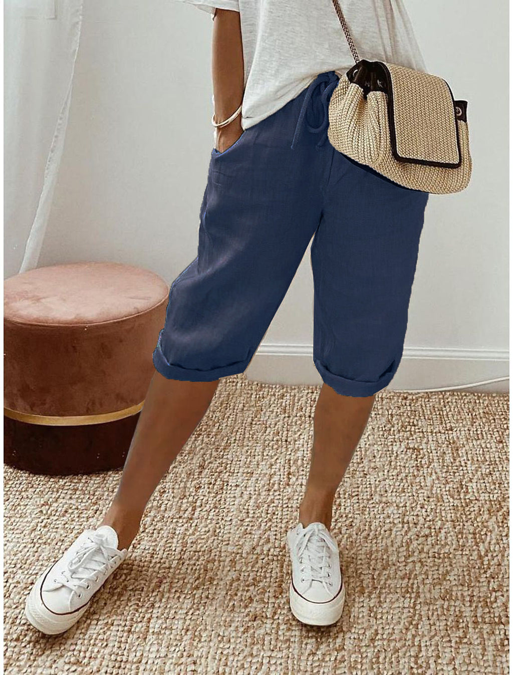 Pantalones capri informales de algodón y lino para mujer