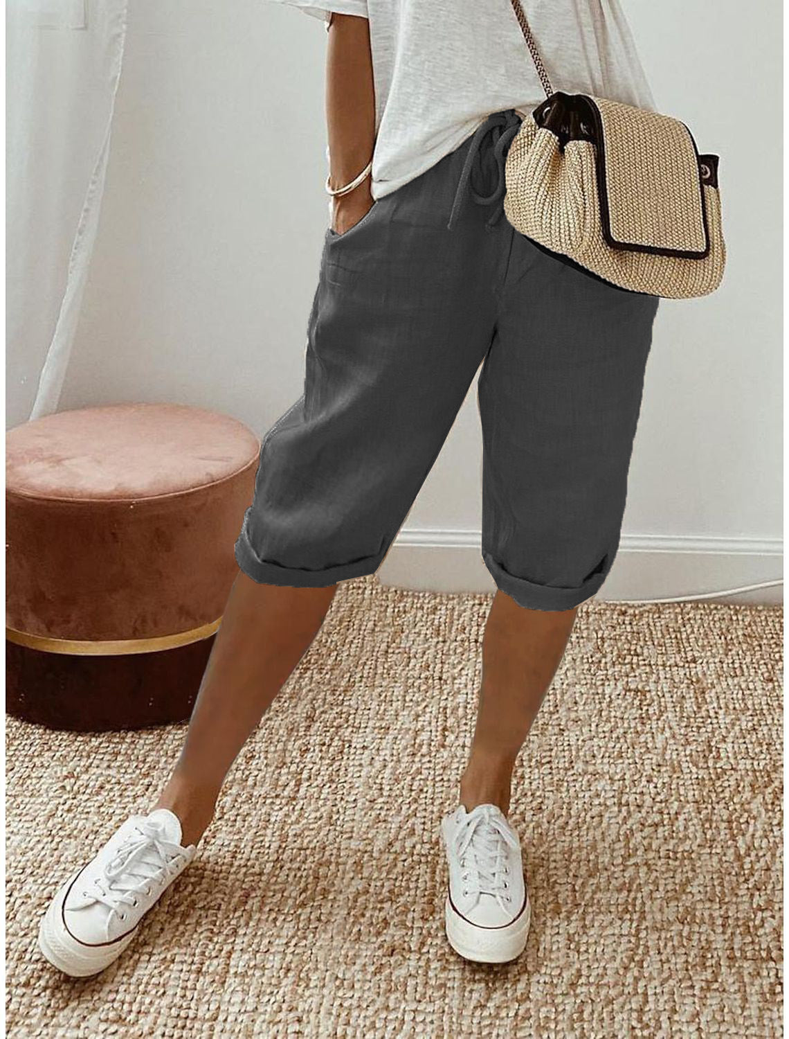 Pantalones capri informales de algodón y lino para mujer
