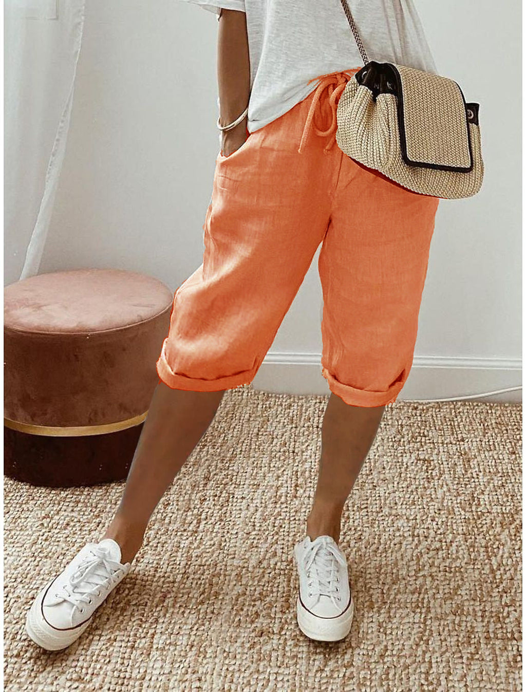 Pantalones capri informales de algodón y lino para mujer