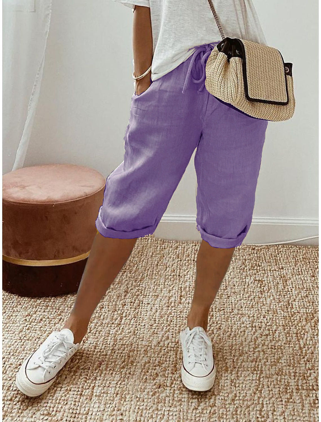 Pantalones capri informales de algodón y lino para mujer