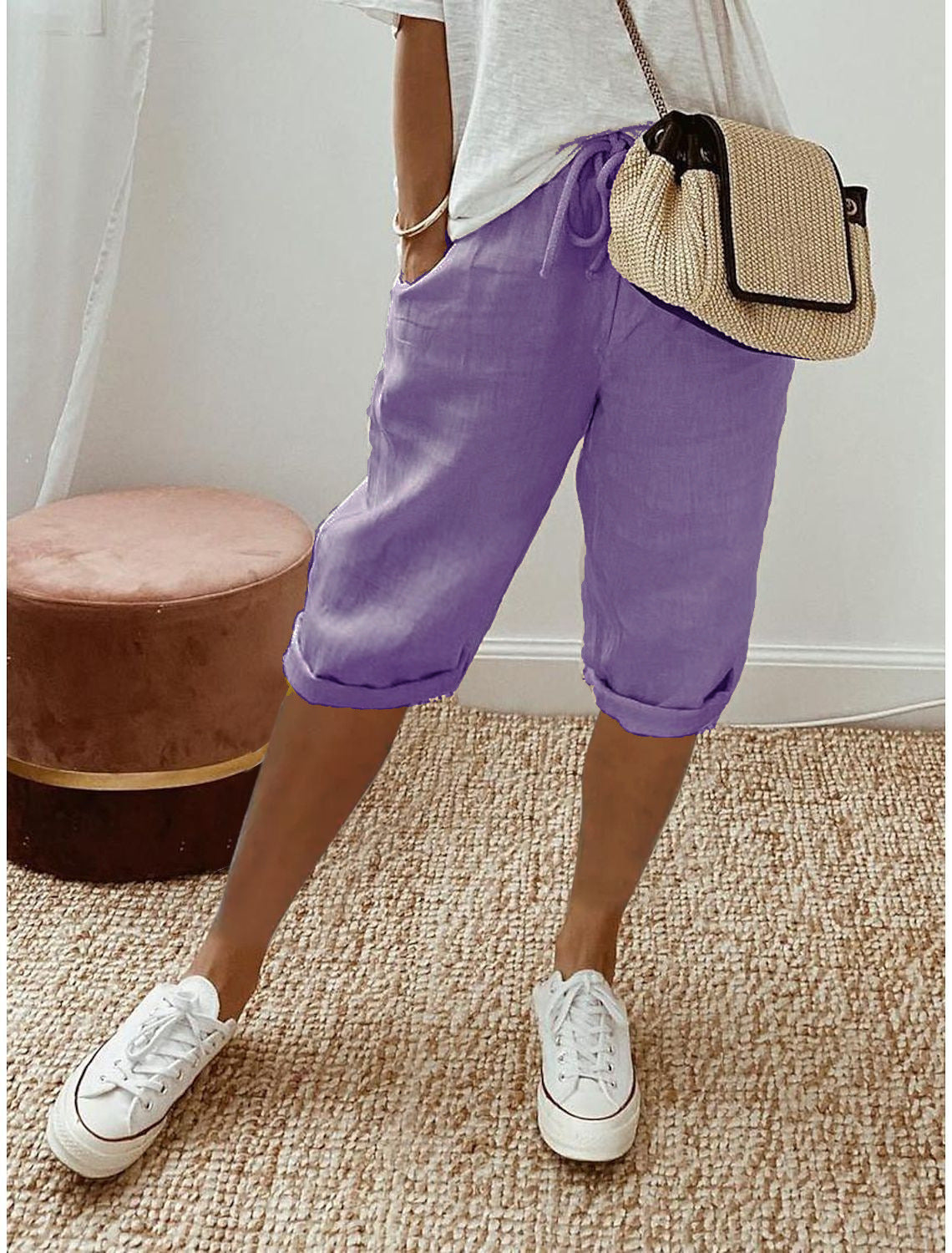 Pantalones capri informales de algodón y lino para mujer