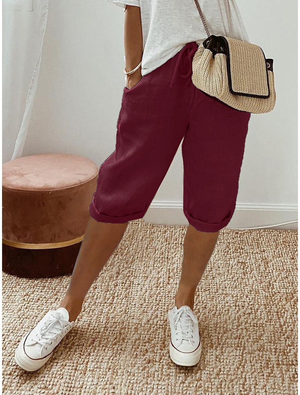 Pantalones capri informales de algodón y lino para mujer
