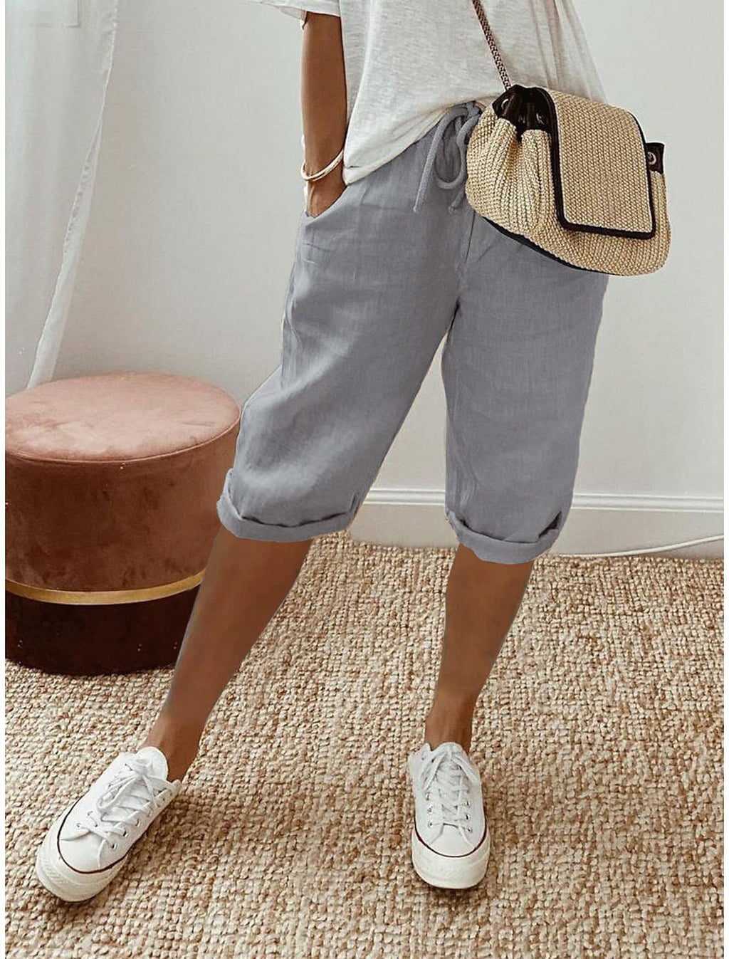 Pantalones capri informales de algodón y lino para mujer