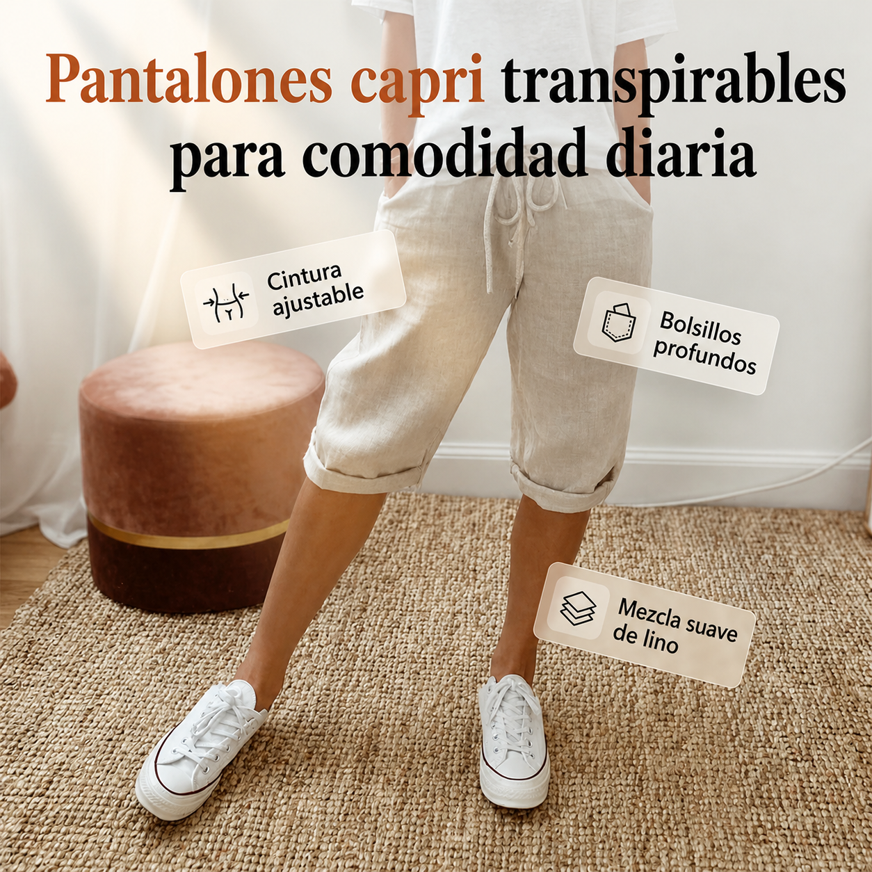 Pantalones capri informales de algodón y lino para mujer