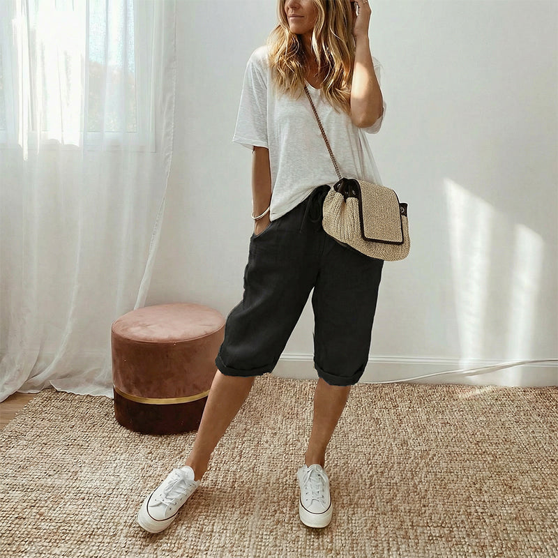 Pantalones capri informales de algodón y lino para mujer