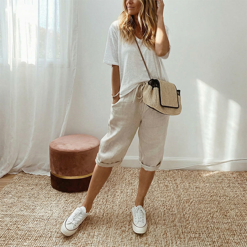 Pantalones capri informales de algodón y lino para mujer