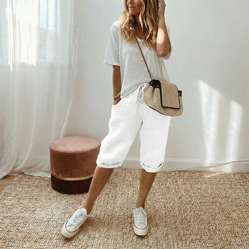 Pantalones capri informales de algodón y lino para mujer
