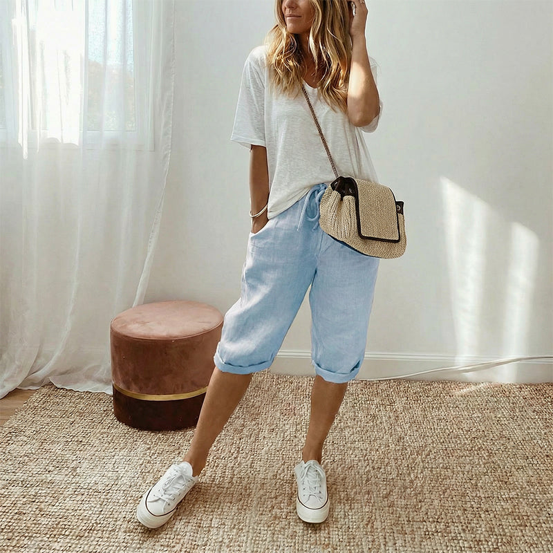 Pantalones capri informales de algodón y lino para mujer