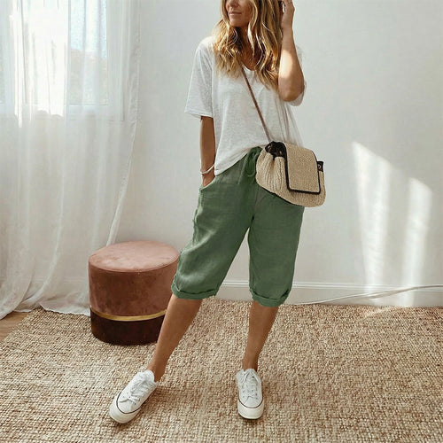Pantalones capri informales de algodón y lino para mujer