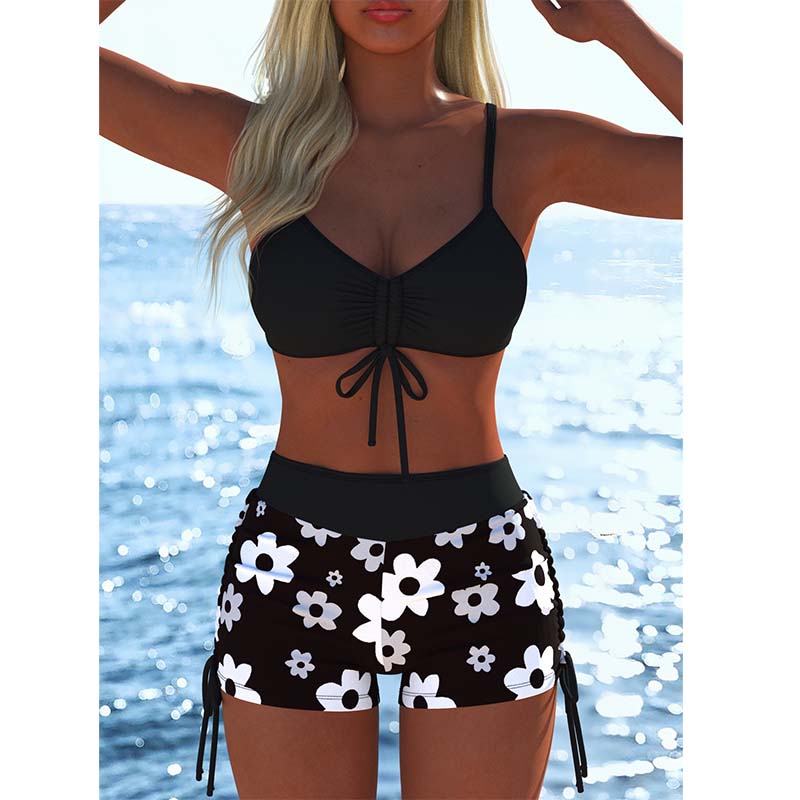 📢📢Último día: ¡50 % de descuento! ⏰Conjunto de bikini para mujer: top con cordones y braguitas tipo bóxer, varios diseños🩱 Para la playa y la piscina